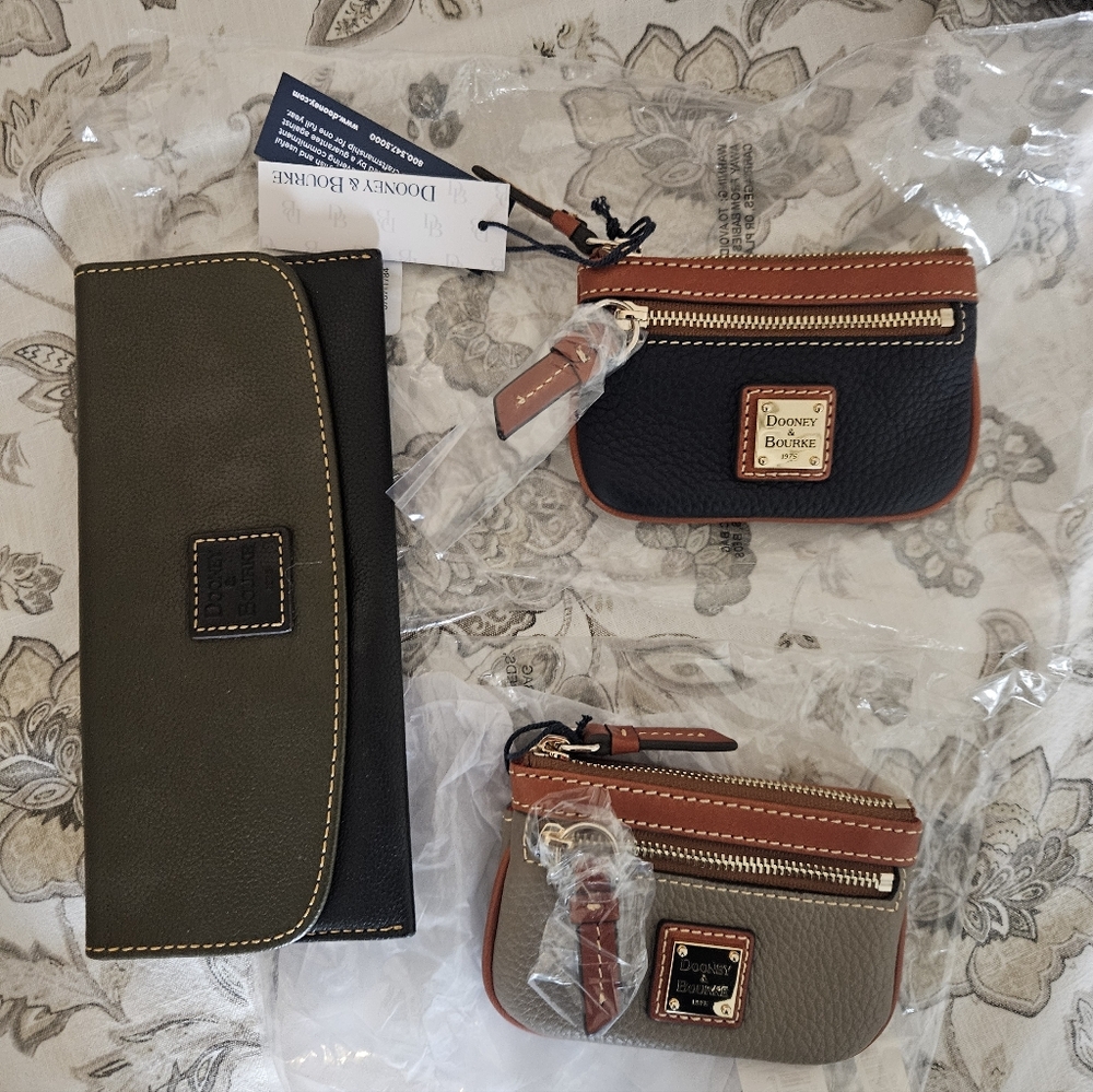 Dooney & Bourke Bundle Blue and Stone Coin Purses, Olive N Dark Brown Wallet.